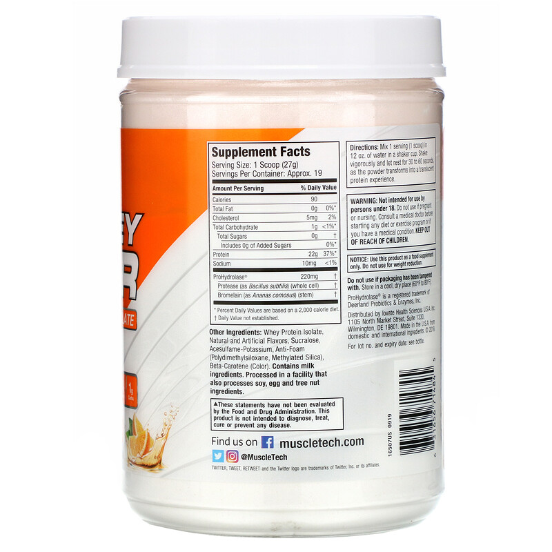 Muscletech, ISO Whey Clear, UltraPure Protein Isolate, Orange