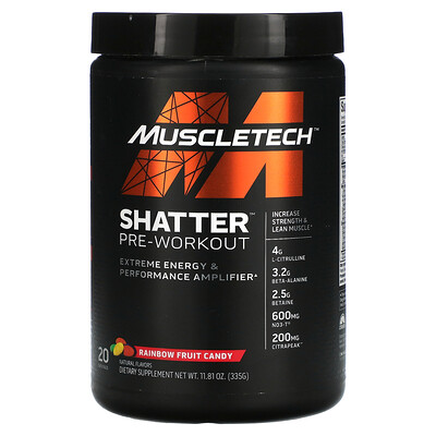 

MuscleTech Shatter, предтренировочные конфеты, радужные фруктовые конфеты, 335 г (11,81 унции)