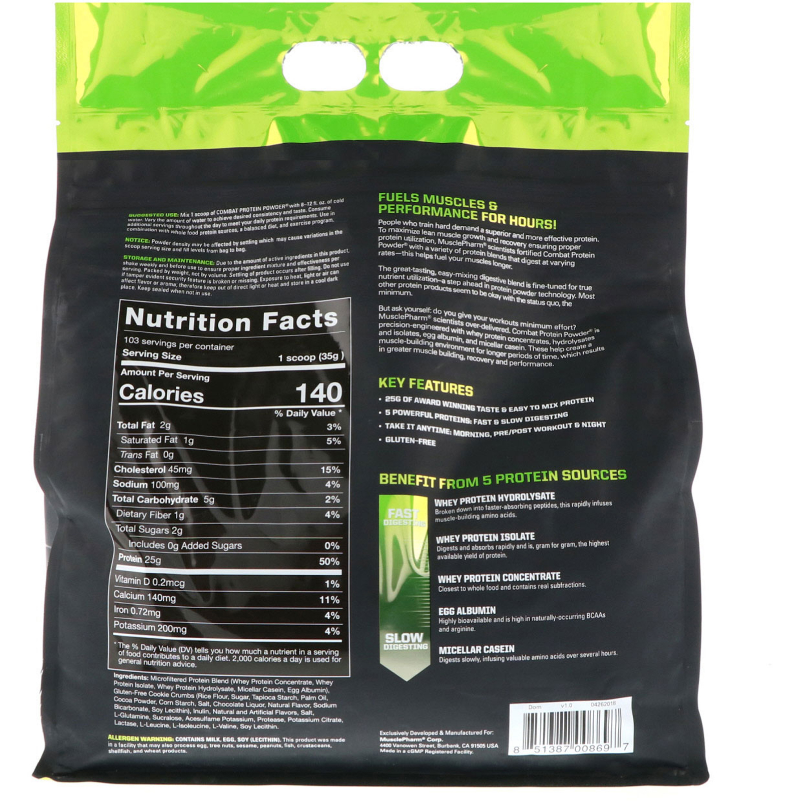 MusclePharm, Combat Protein Powder, Cookies 'N' Cream, 8 lbs (3629 g