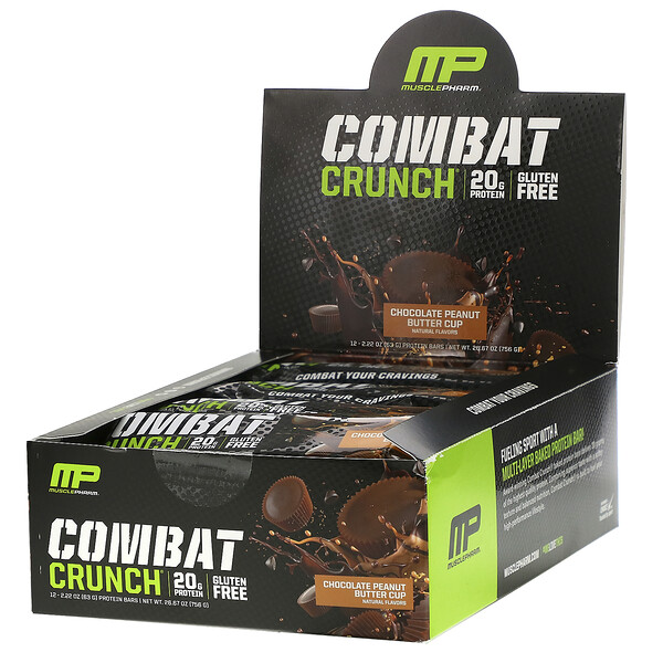 MusclePharm‏, ألواح بروتين Combat Crunch، كوب زبدة الفول السوداني بالشيكولاتة، 12 لوحًا، 2.22 أونصة (63 جم) لكل لوح