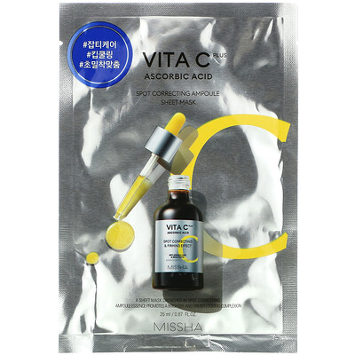 Missha Vita C Plus, аскорбиновая кислота, ампульная тканевая маска для коррекции пятен, 1 тканевая маска, 26 мл (0,87 жидк. Унции)
