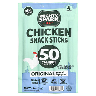 Mighty Spark, Bâtonnets de collation au poulet, Sel de mer et poivre originaux, 4 bâtonnets