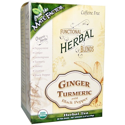 Mate Factor Organic Functional Herbal Blends, Ginger Turmeric with Black Pepper, 20 Tea Bags, (3.5 g) Each