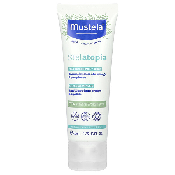 Mustela Stelatopia Emollient Face Cream & Eyelids, Fragrance Free, 1.35 fl oz (40 ml)