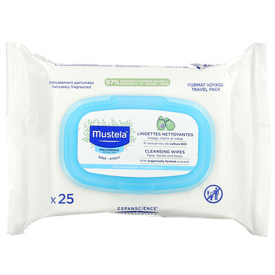 Mustela Baby Cleansing Wipes for Face Hands and Body With Avocado Normal Skin 25 Wipes