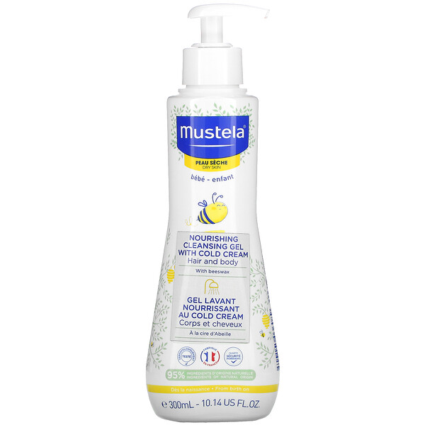 Mustela‏, תינוקות, ג‘ל ניקוי מזין לשיער ולגוף התינוק מכיל קרם קר, לעור יבש, 300 מ“ל (10.14 אונקיות נוזל)