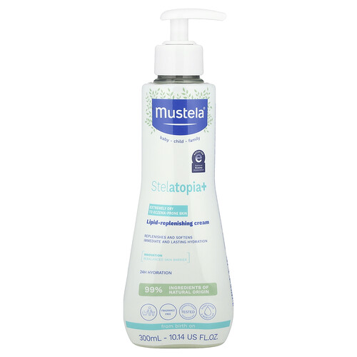 Mustela, Family, Stelatania+ Lipid-Replenishing Cream, rückfettende Creme für extrem trockene bis zu Ekzemen neigender Haut, 300 ml (10,14 fl. oz.)