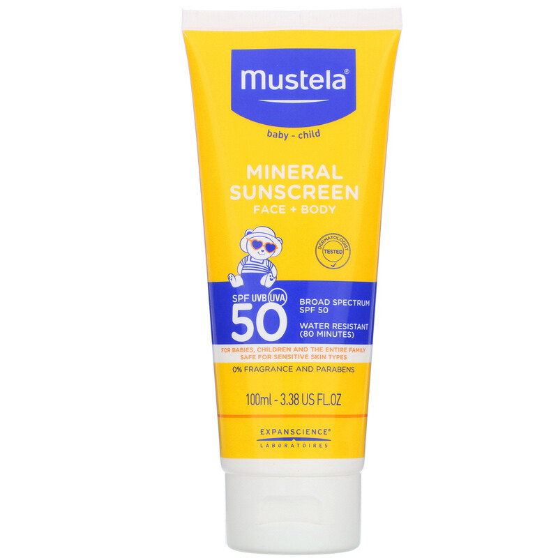 Mustela, Baby, Mineral Sunscreen, Face + Body, SPF 50, 3.38 fl oz (100