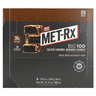 MET-Rx‏, Big 100 ، لوح بديل للوجبات ، بنكهة البراوني المملحة ، 9 قطع ، 3.52 أونصة (100 جم) لكل لوح