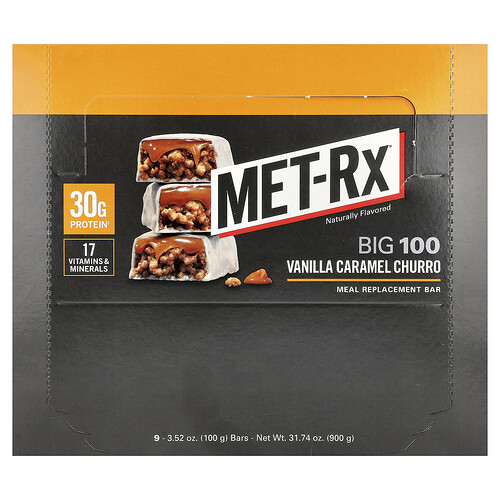 Met-rx Big 100, Meal Replacement Bar, Vanilla Caramel Churro, 9 Bars, 3.52 oz (100 g) Each
