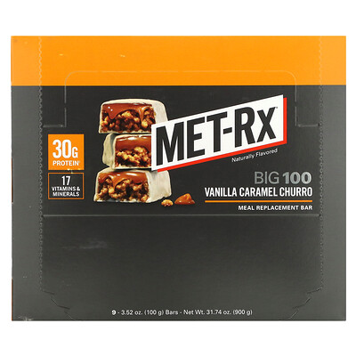 

MET-Rx, Big 100, Meal Replacement Bar, Vanilla Caramel Churro, 9 bars, 3.52 oz (100 g) Each
