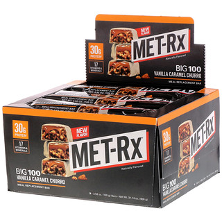 MET-Rx, Big 100，Meal Replacement Bar，香草焦糖炸油条，9 根，每根 3.52 盎司（100 克）