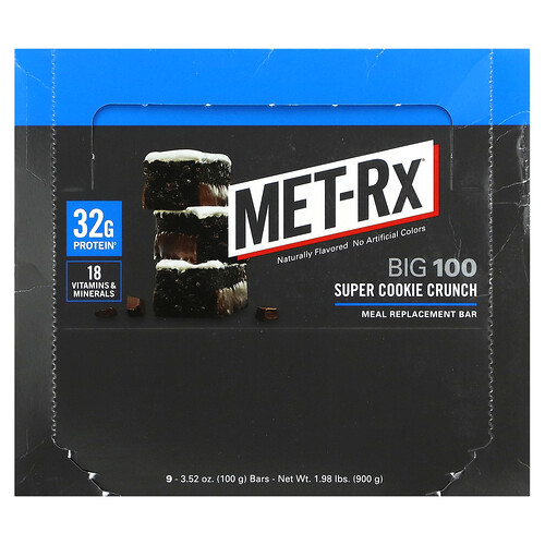 Met-rx Big 100, Meal Replacement Bar, Super Cookie Crunch, 9 Bars, 3.52 oz (100 g) Each