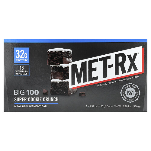 MET-Rx, Big 100, Meal Replacement Bar, Super Cookie Crunch, 9 Bars, 3.52 oz (100 g) Each