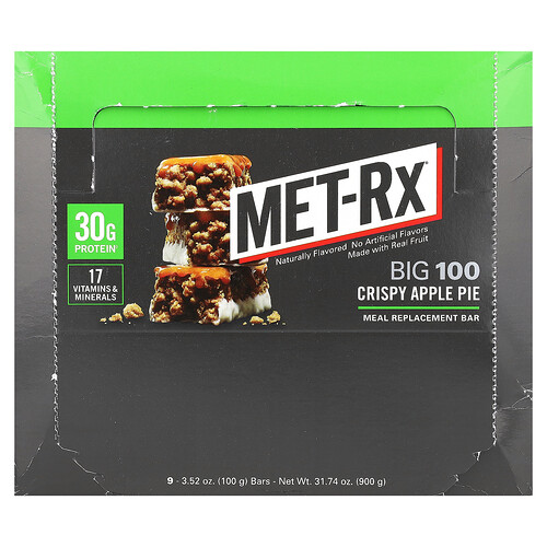 Met-rx Big 100, Meal Replacement Bar, Crispy Apple Pie, 9 Bars, 3.52 oz (100 g) Each