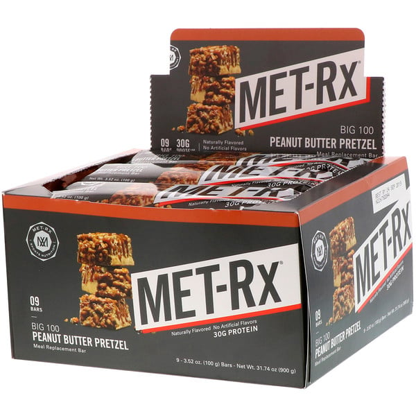 MET-Rx, Große 100, Mahlzeitersatz Riegel, Erdnussbutter Brezel, 9 Riegel, 100 g pro Riegel
