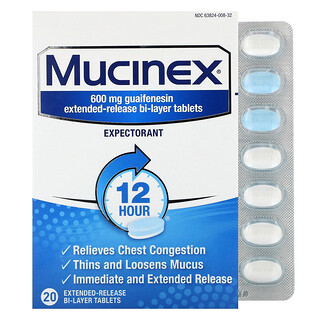 موسينكس‏, Mucinex ، 600 ملجم ، 20 قرصًا ثنائي الطبقة ممتد المفعول