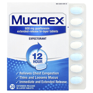 Mucinex, 600 mg, 20 comprimés bicouche à libération prolongée