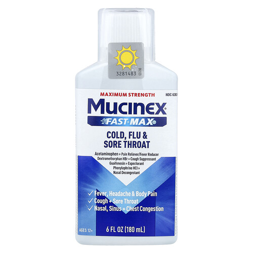Mucinex, Fast-Max® Cold, Flu & Sore Throat, Maximum Strength, Ages 12+, 6 fl oz (180 ml)