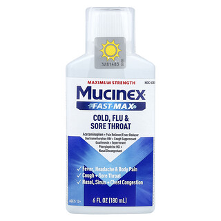 Mucinex, Fast-Max Cold, Flu & Sore Throat, Maximum Strength, For Ages 12+, 6 fl oz (180 ml)
