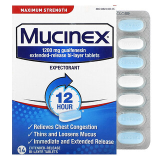 Mucinex, 12 часов от заложенности груди, максимальная эффективность, 1200 мг, 14 двухслойных таблеток с пролонгированным высвобождением