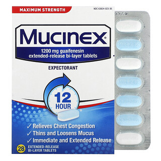 Mucinex, Slijmoplossend, maximale sterkte, 1.200 mg, 28 dubbellaagse tabletten met verlengde afgifte