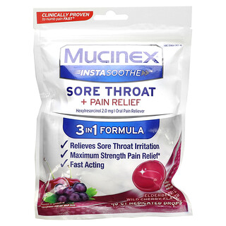 Mucinex, InstaSoothe, Soulagement des maux de gorge et de la douleur, Baie de sureau et cerise sauvage, 2 mg, 40 gouttes médicamenteuses