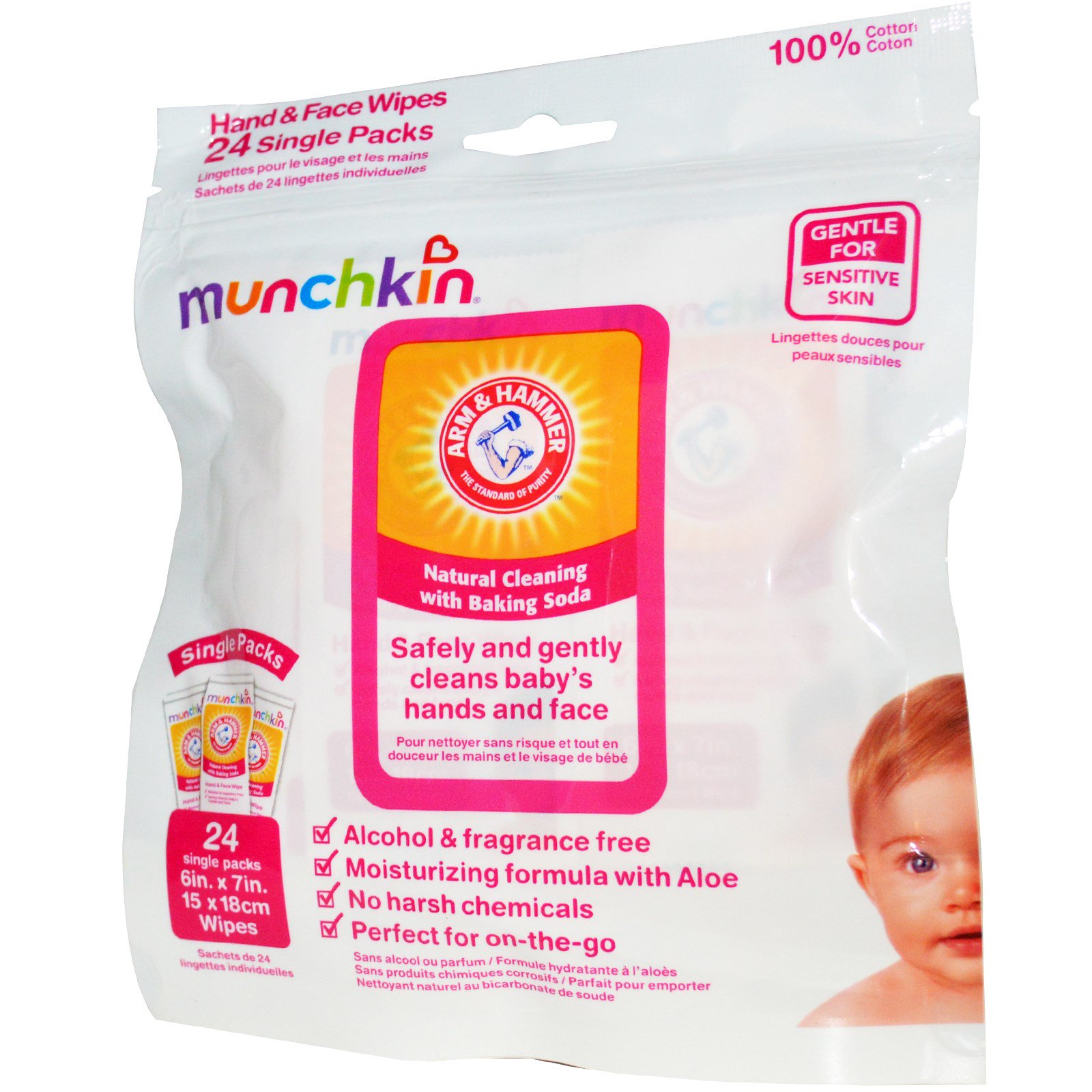 Munchkin, Arm & Hammer, Hand & Face Wipes, 24 Single Packs, 6 in x 7 in
