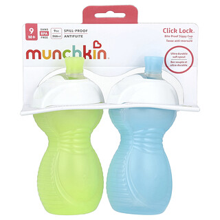 Munchkin, Click Lock™, Vaso con boquilla para sorber a prueba de mordiscos, 9 meses en adelante, Verde claro y azul claro, 2 vasos, 266 ml (9 oz) cada uno