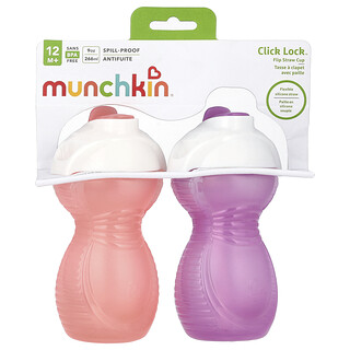 Munchkin, Click Lock™, Vaso con pajita, Niños de 12 meses en adelante, Rosa claro y púrpura claro, 2 vasos, 266 ml (9 oz) cada uno
