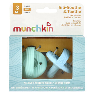 Munchkin, Sili-Soothe & Teethe™, silikonowy smoczek i gryzak, powyżej 3 miesięcy, jasnoniebieski/jasnozielony, dwupak