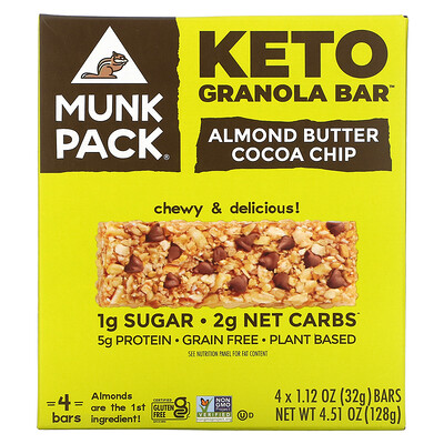 Купить Munk Pack Keto Granola, батончики с миндальным маслом и какао, 4 батончика по 32 г (1, 12 унции)
