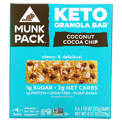Munk Pack Keto Granola, кокосовая и какао-крошка, 4 батончика, 32 г (1,12 унции)