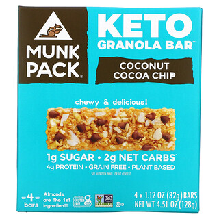 Munk Pack, 生酮格蘭諾拉麥片棒，椰子可可碎，4 根，每根 1.12 盎司（32 克）