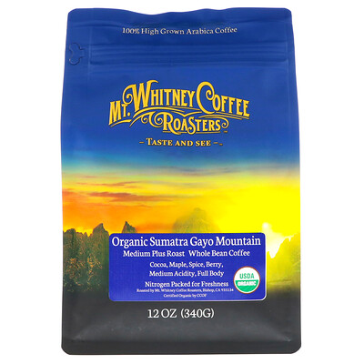 Organic Sumatra Gayo Mountain, Medium Plus Roast Whole Bean Coffee, 12 oz (340 g)