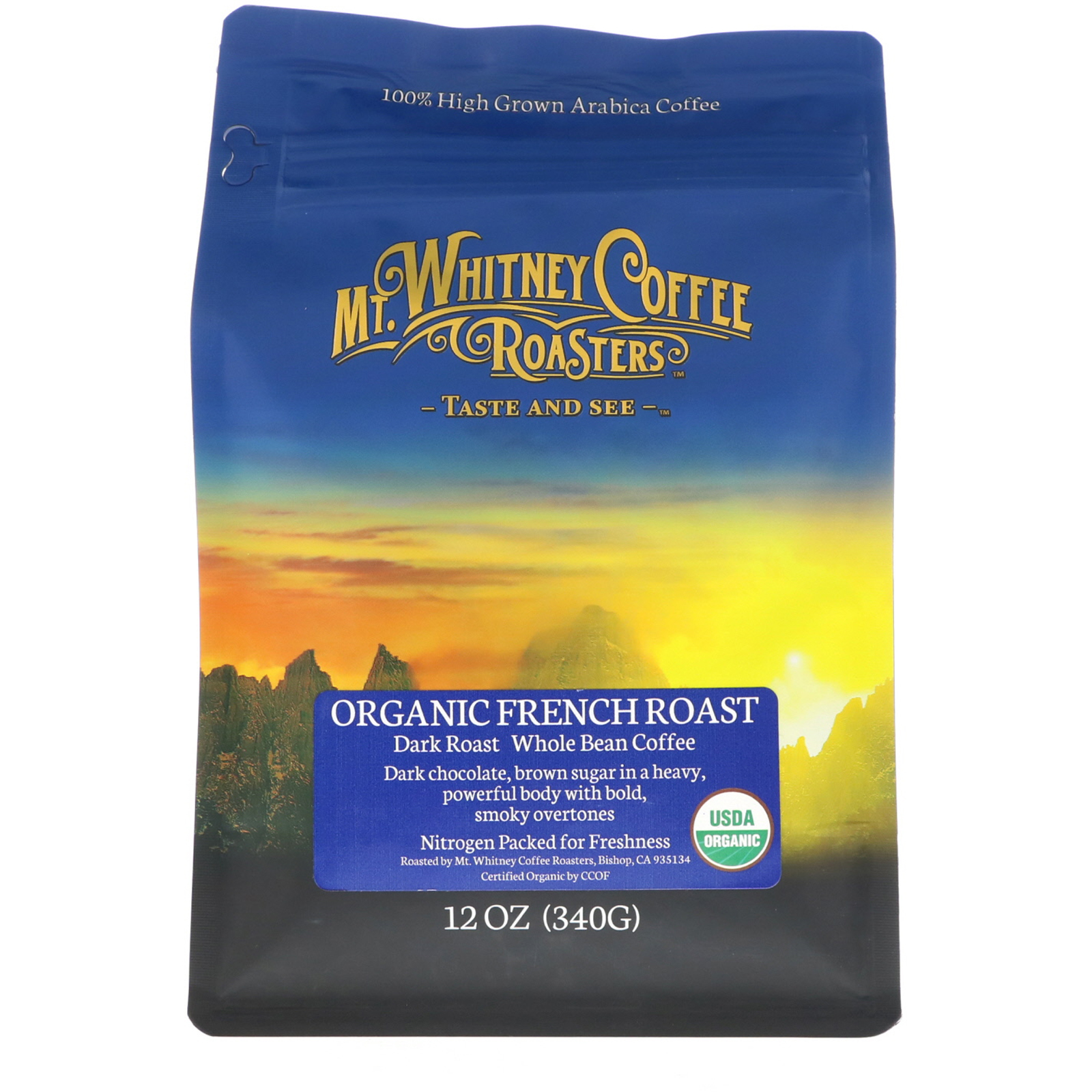 Mt. Whitney Coffee Roasters, オーガニックフレンチロースト、ダークロースト、全豆コーヒー、340g（12オンス）