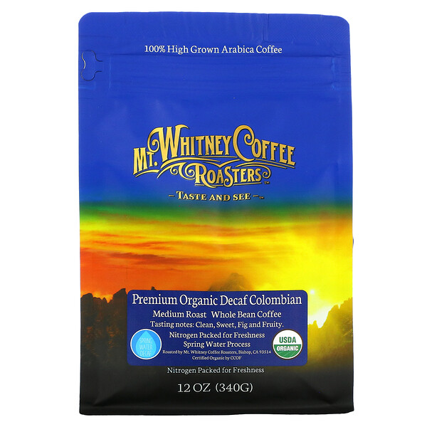 Mt. Whitney Coffee Roasters‏, حبوب قهوة عضوية كولومبية فاخرة كاملة منزوعة الكافيين، تحميص متوسط، 12 أونصة (340 جم)