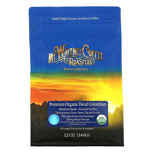 Mt. Whitney Coffee Roasters, حبوب قهوة عضوية كولومبية فاخرة كاملة مطحونة منزوعة الكافيين، تحميص متوسط، 12 أونصة (340 جم)