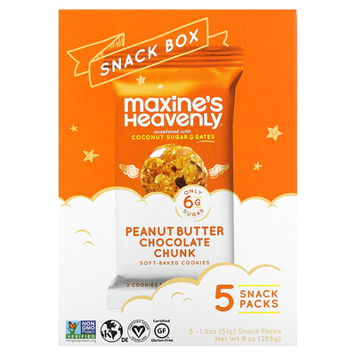 

Maxine's Heavenly, Snack Box, Soft-Baked Cookies, Peanut Butter Chocolate Chunk, 5 Snack Packs, 1.8 oz (51 g) Each
