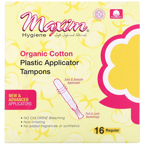 Maxim Hygiene Products, Organic Cotton Plastic Applicator Tampons, Regular,  16 Count