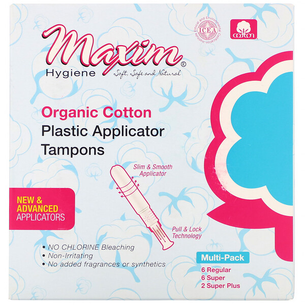 Maxim Hygiene Products, Organic Cotton Plastic Applicator Tampons, Multi-Pack, 14 Count