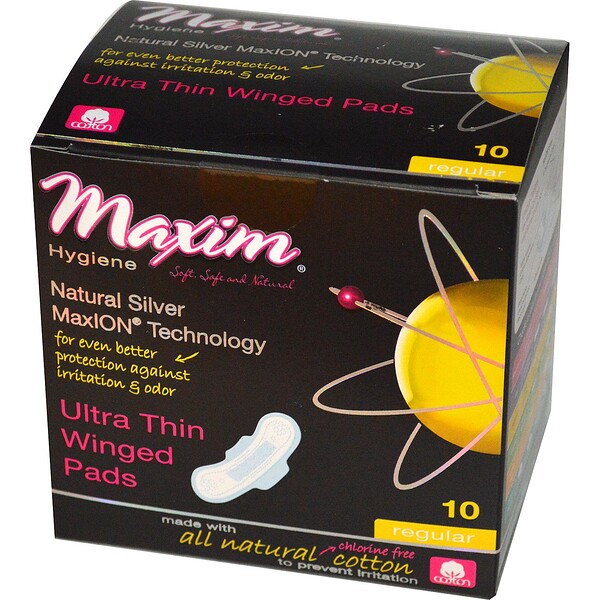 Maxim Hygiene Products, Ultra Thin Winged Pads, Natural Silver MaxION Technology, Regular, 10 Pads