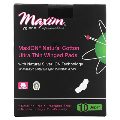 Купить Maxim Hygiene Products MaxION, натуральный хлопок, ультратонкие прокладки с крылышками, супер, 10 шт