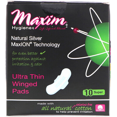 Maxim Hygiene Products Ультратонкие подушечки с крылышками, натуральная технология Силвер МаксиON, супер, 10 подушечек