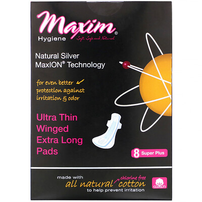 Maxim Hygiene Products Ultra Thin Winged Extra Long Pads, Natural Silver MaxION Technology, Super Plus, 8 Pads