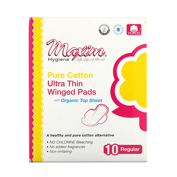 Maxim Hygiene Products, Pure Cotton, Ultra Thin Winged Pads, Regular, 10 Pads