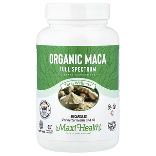 Maxi Health, Maca orgánica, Espectro completo, 90 cápsulas (600 mg por cápsula)