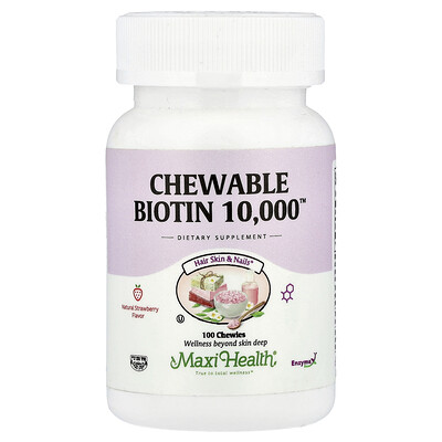 Maxi Health, Masticables Biotin 10.000™, Fresa natural, 10.000 mcg, 100 comprimidos masticables