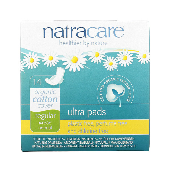 Natracare‏, תחבושות היגייניות 'Ultra Pads', עם מעטפת עליונה מכותנה אורגנית, רגיל, 14 תחבושות היגייניות