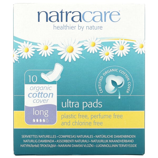 Natracare, Serviettes Ultra, Enveloppe en coton biologique, Longues, 10 serviettes